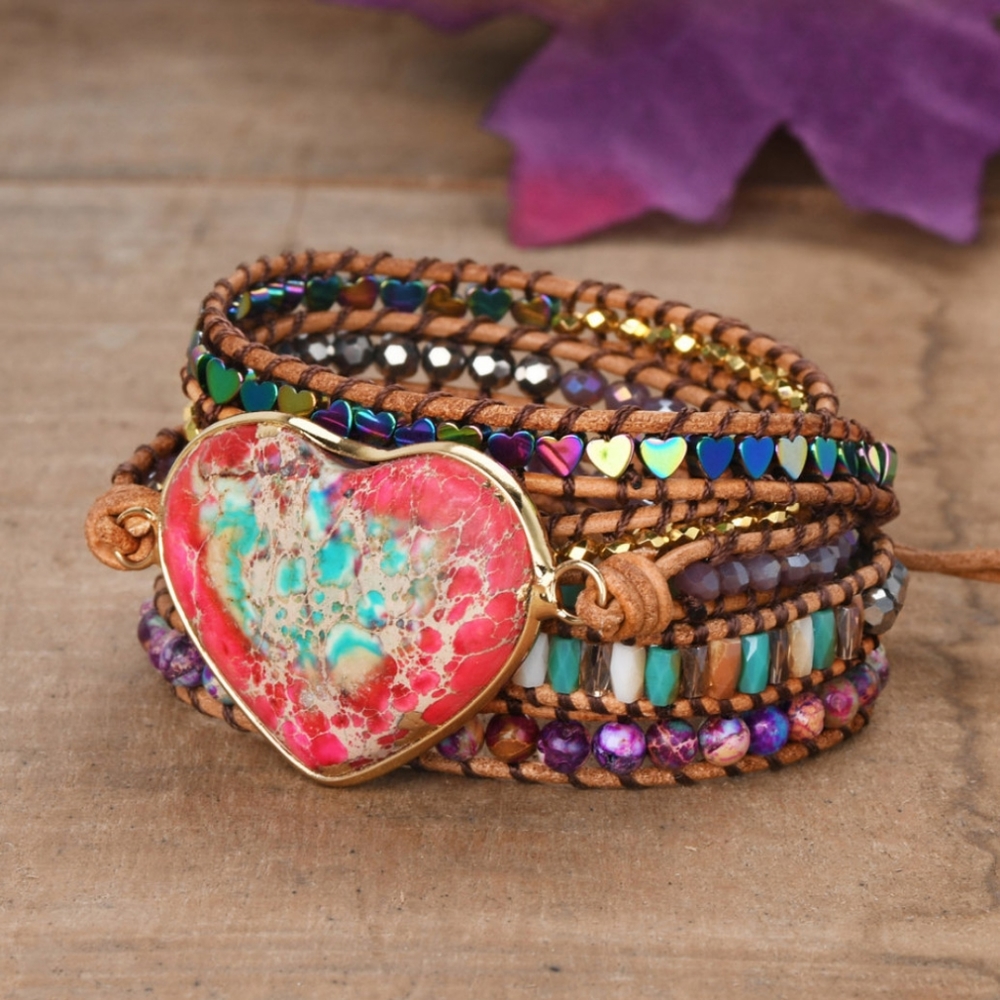 Sea Sediment Jasper Gemstone Leather Wrap Bracelet - Picture 2 of 5
